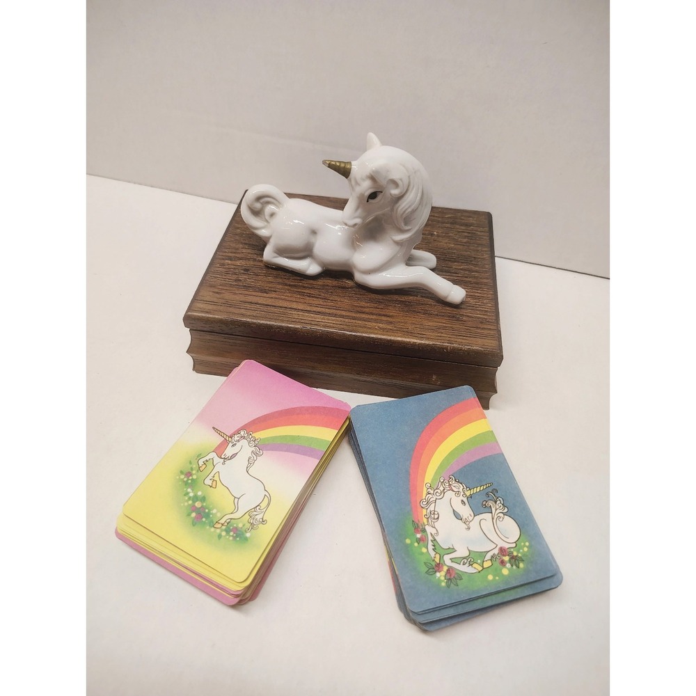 Vintage JSNY Unicorn Playing Card Holder Wood Box 2 Decks Rainbow Cards Rare